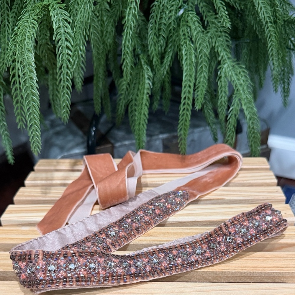 J.Crew Collection Beaded Crystal Velvet Sash Belt Blush Pink One Size 71”
